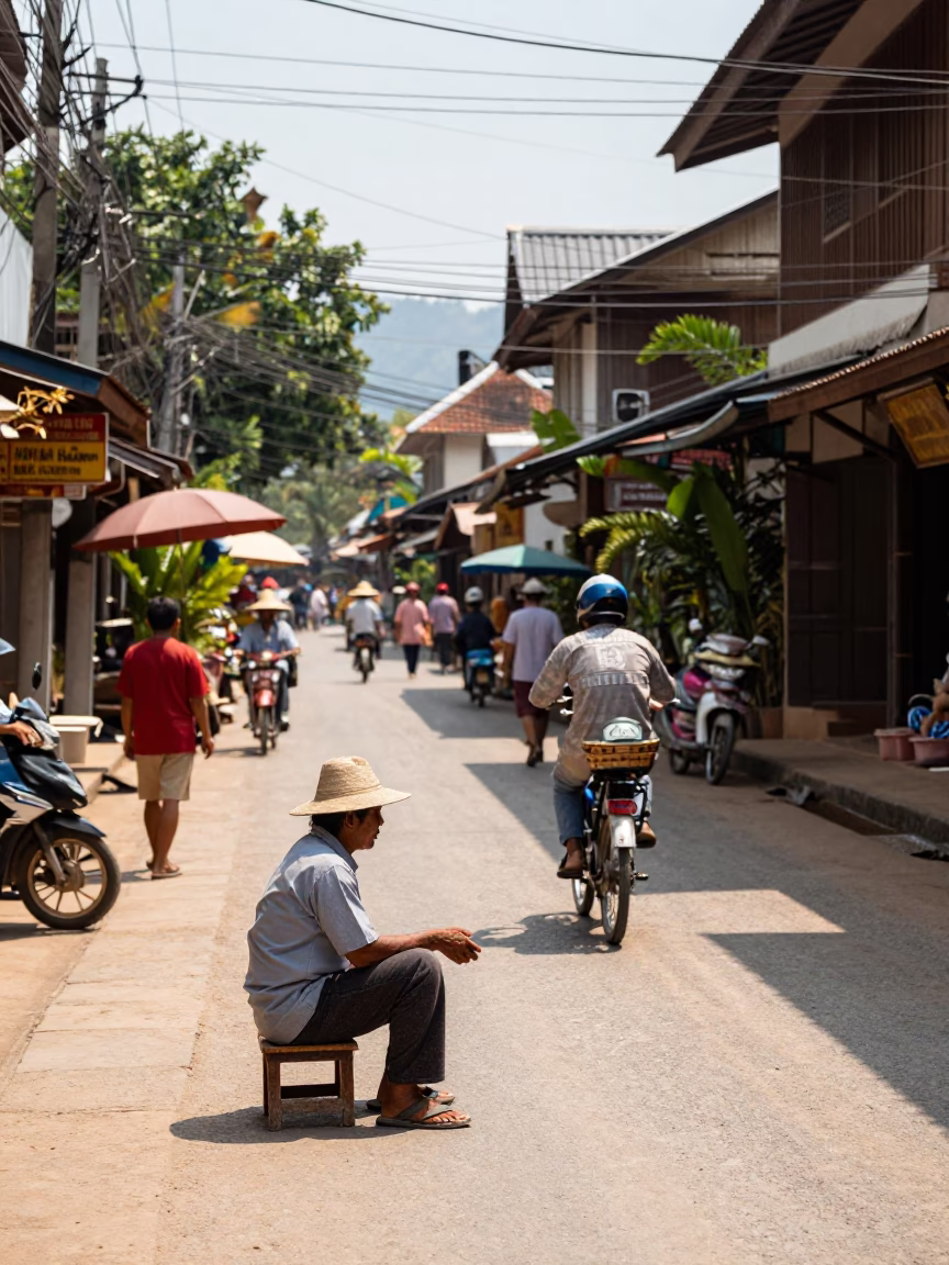 Street Scene in Luang Prabang at The Flat Glare Of Noon Light in in Luang Prabang, Laos
