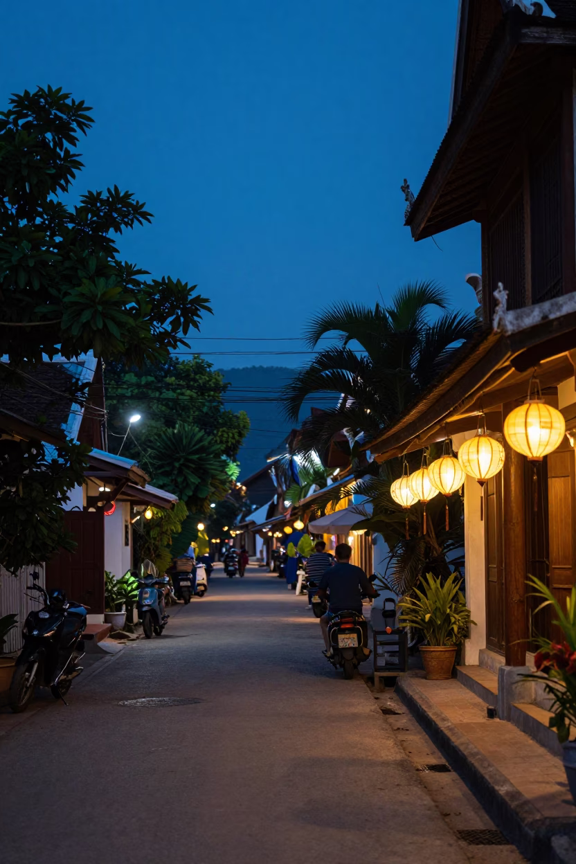 Street Scene in Luang Prabang at The Last Blue Light Of Evening in in Luang Prabang, Laos