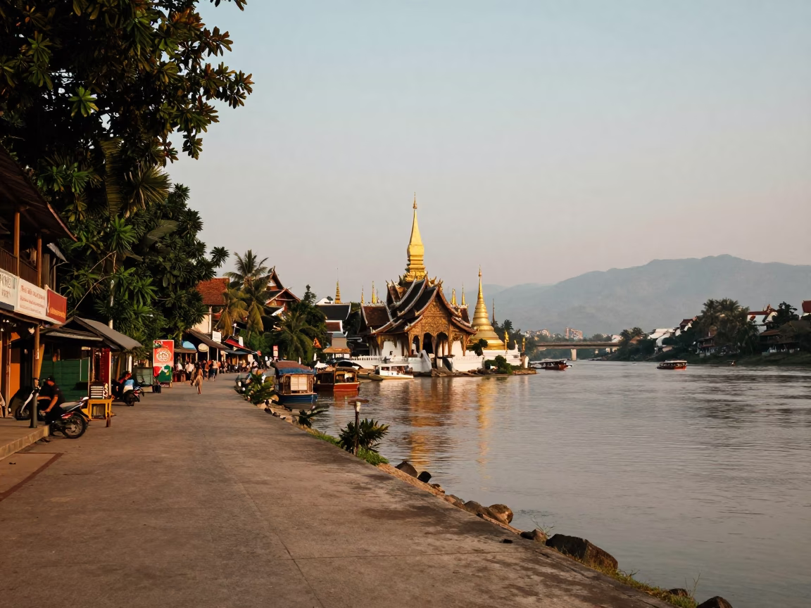 Street Scene in Luang Prabang at The Late Afternoon Light in in Luang Prabang, Laos