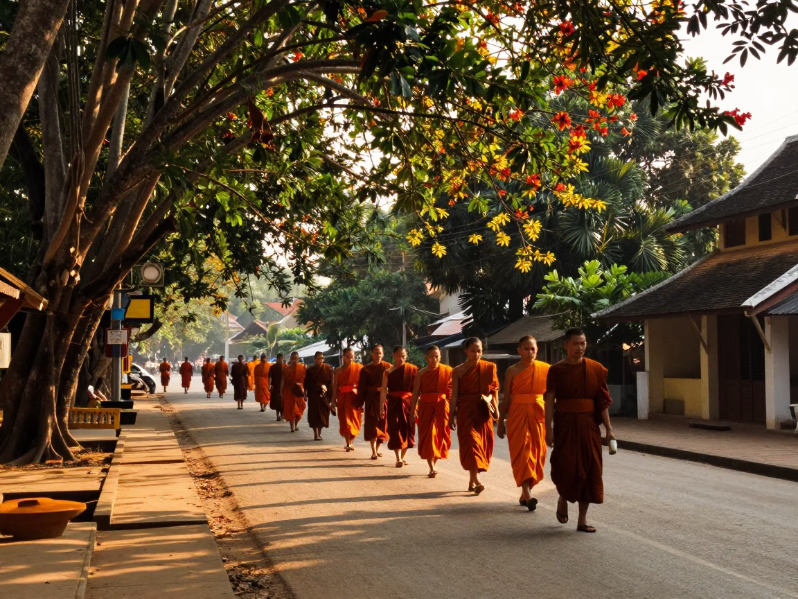 Street Scene in Luang Prabang at The Late Afternoon Light in in Luang Prabang, Laos