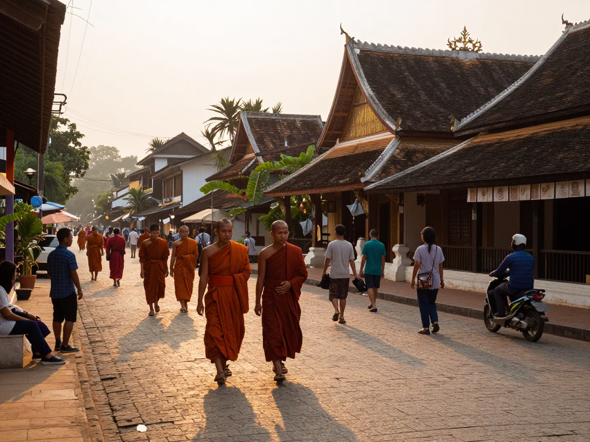 Street Scene in Luang Prabang at The Late Afternoon Light in in Luang Prabang, Laos