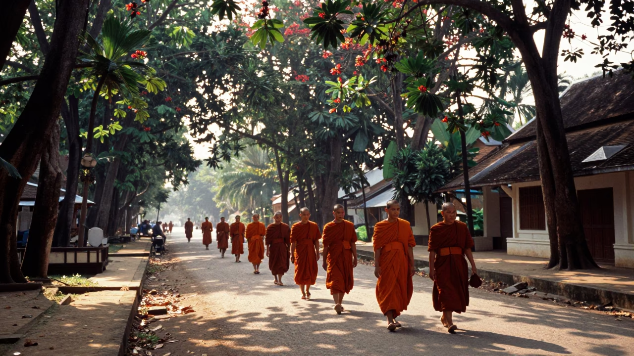 Street Scene in Luang Prabang at The Late Afternoon Light in in Luang Prabang, Laos