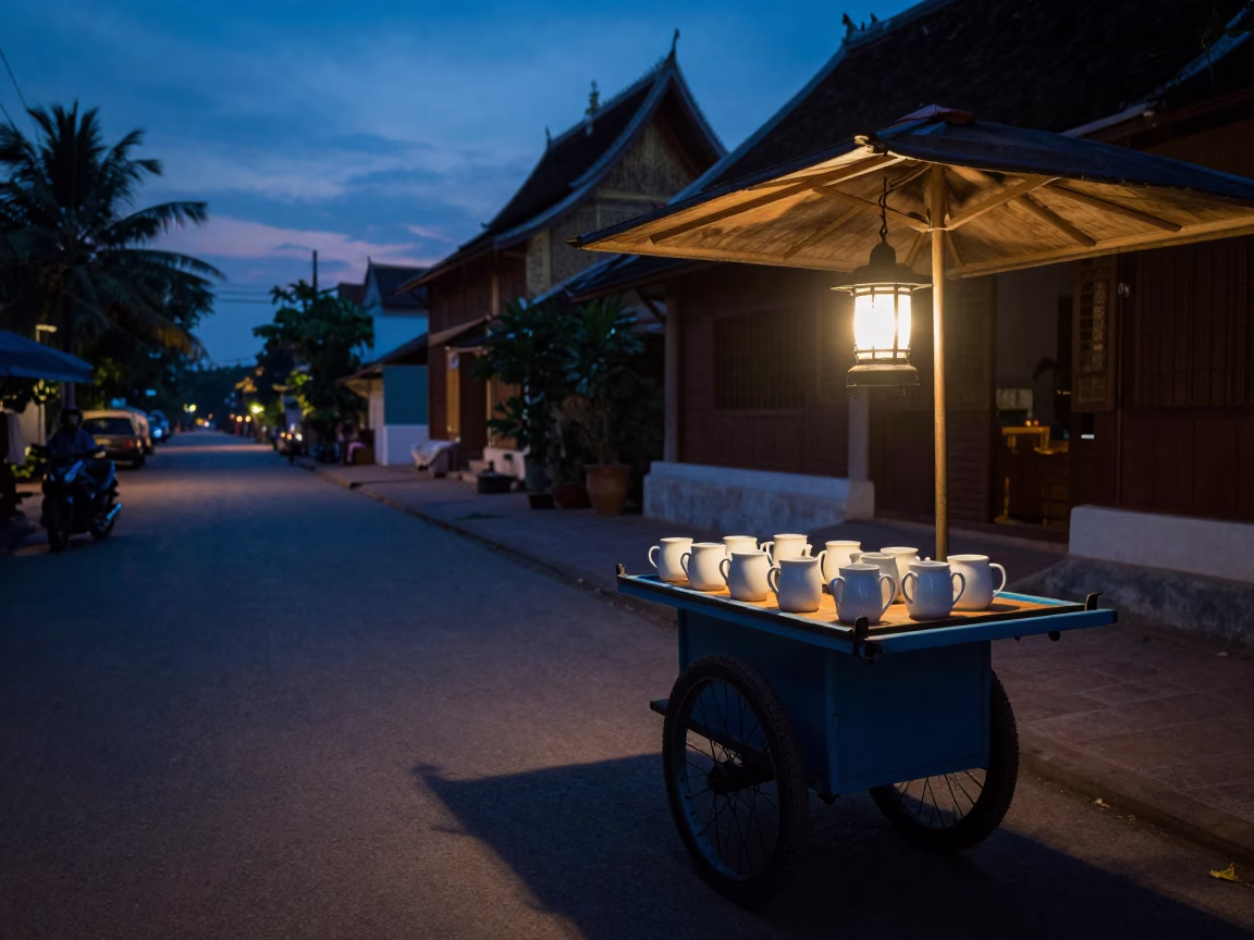 Street Scene in Luang Prabang at The Predawn Darkness Light in in Luang Prabang, Laos