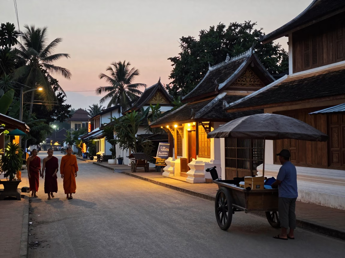 Street Scene in Luang Prabang at The Still Hours Before Dawn Light in in Luang Prabang, Laos