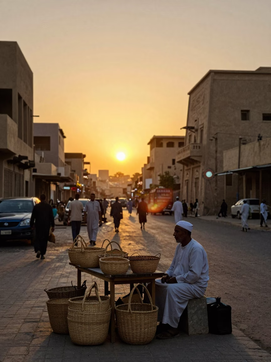 Street Scene in Luxor at As The Sun Drops Toward The Horizon in in Luxor, Egypt