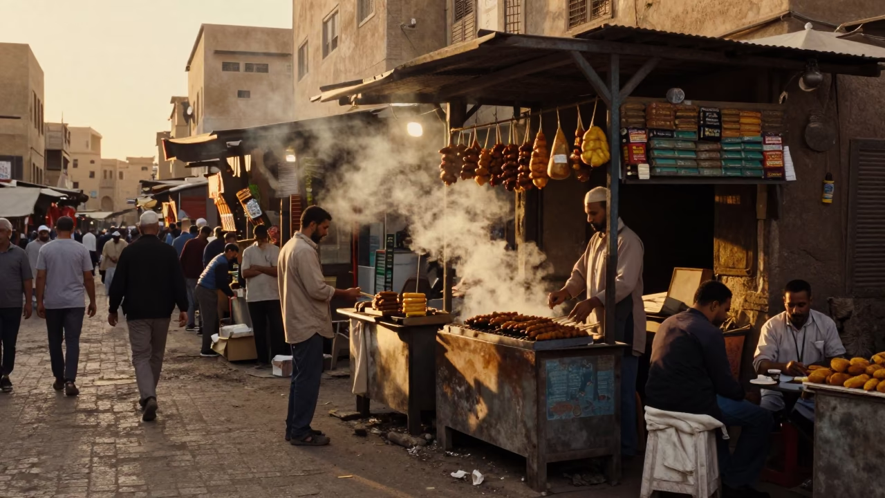 Street Scene in Luxor at Honeyed Evening Light in in Luxor, Egypt