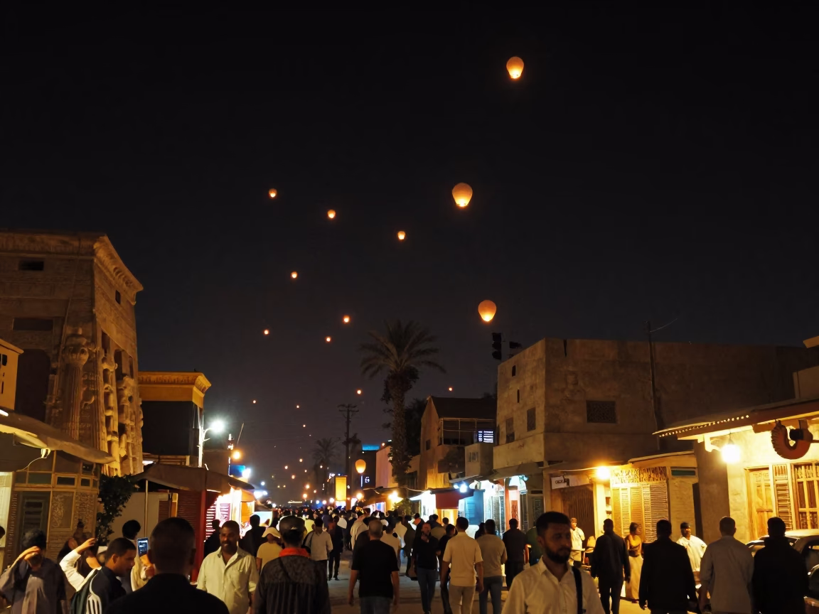 Street Scene in Luxor at Late At Night Light in in Luxor, Egypt