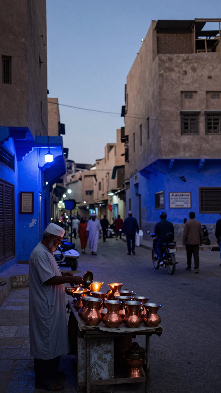 Street Scene in Luxor at The Last Blue Light Of Evening in in Luxor, Egypt