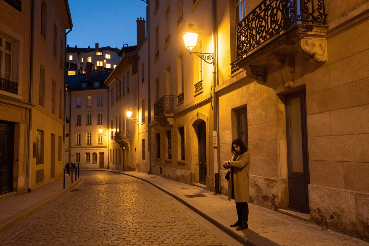 Street Scene in Lyon at As City Lights Begin To Glow in in Lyon, France