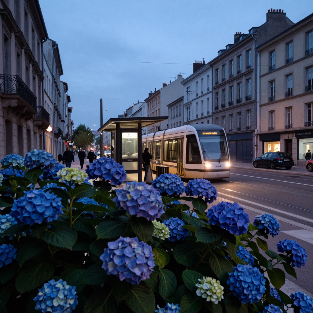 Street Scene in Lyon at Blue Hour in in Lyon, France