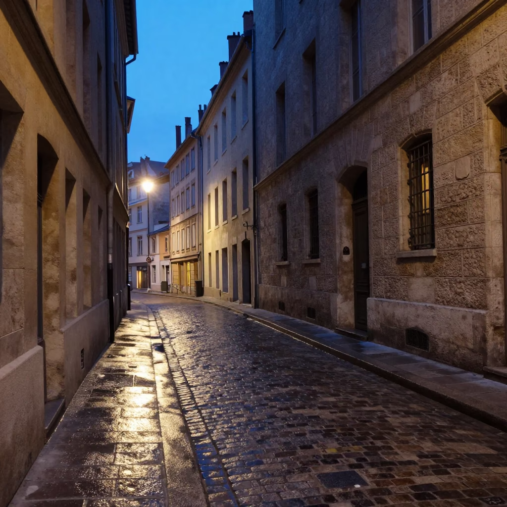 Street Scene in Lyon at Blue Hour in in Lyon, France