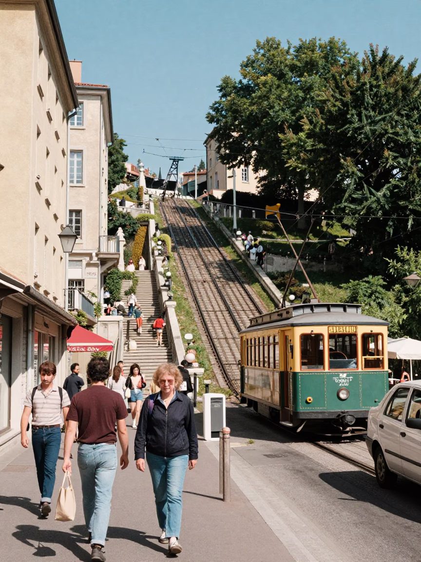 Street Scene in Lyon at Bright Midmorning Light in in Lyon, France
