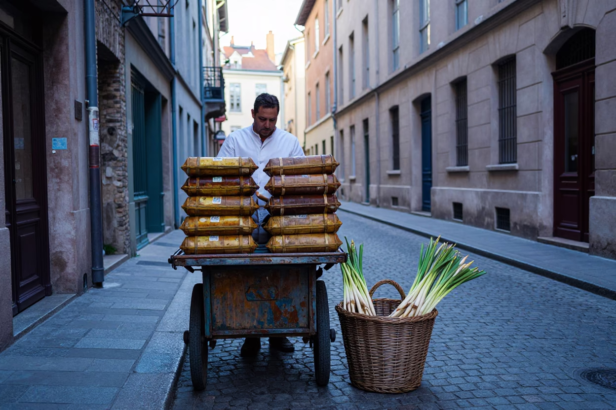 Street Scene in Lyon at Early Morning Light in in Lyon, France