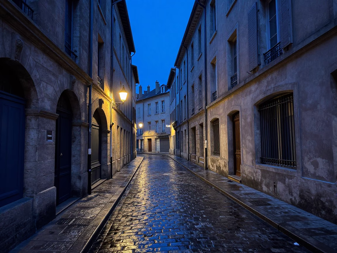 Street Scene in Lyon at Indigo Twilight After Sunset in in Lyon, France