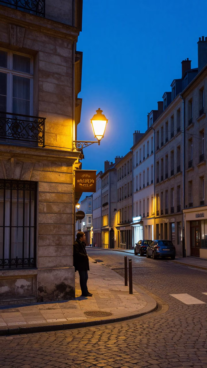 Street Scene in Lyon at Indigo Twilight After Sunset in in Lyon, France