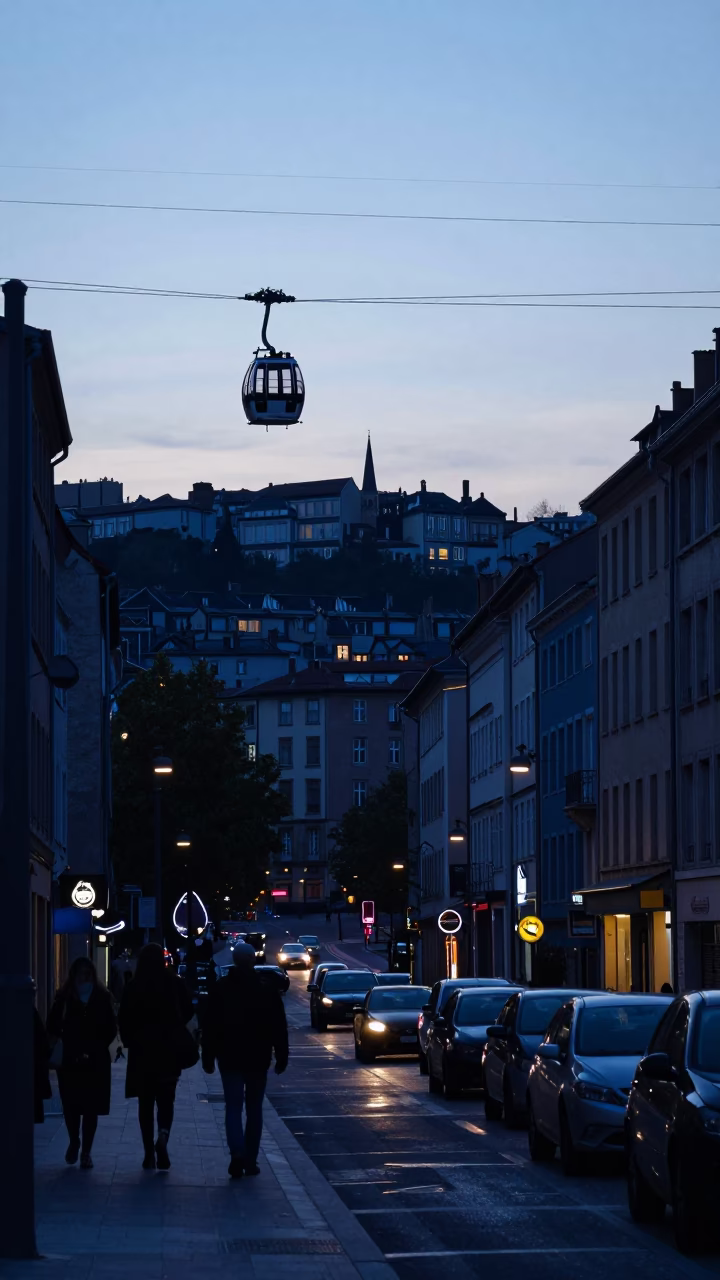 Street Scene in Lyon at Nautical Dawn Light in in Lyon, France