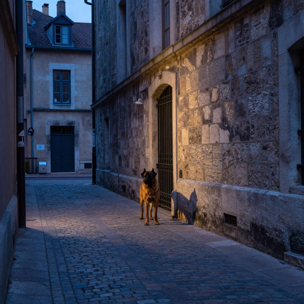 Street Scene in Lyon at Nautical Dawn Light in in Lyon, France