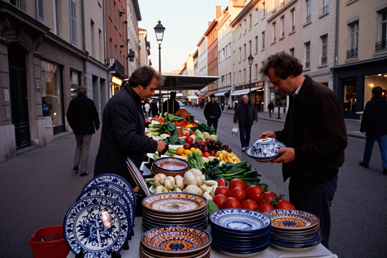 Street Scene in Lyon at Nautical Dawn Light in in Lyon, France