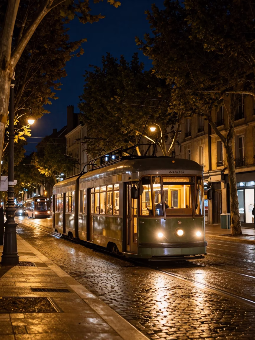 Street Scene in Lyon at The Deepest Night Sky Light in in Lyon, France