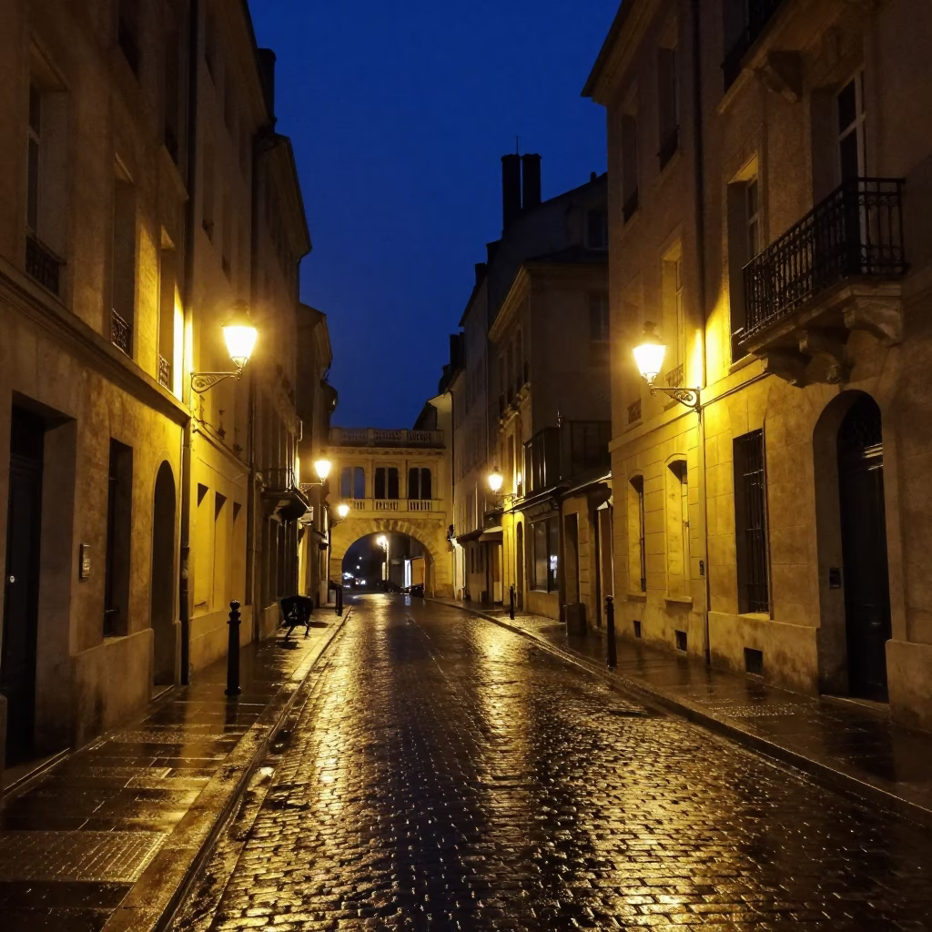 Street Scene in Lyon at The Deepest Night Sky Light in in Lyon, France