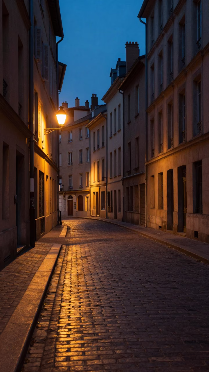 Street Scene in Lyon at The Predawn Darkness Light in in Lyon, France