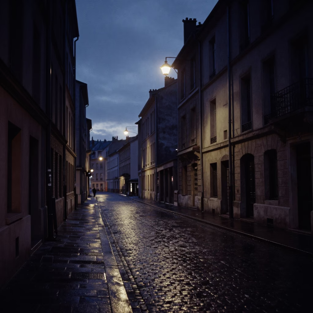 Street Scene in Lyon at The Predawn Darkness Light in in Lyon, France