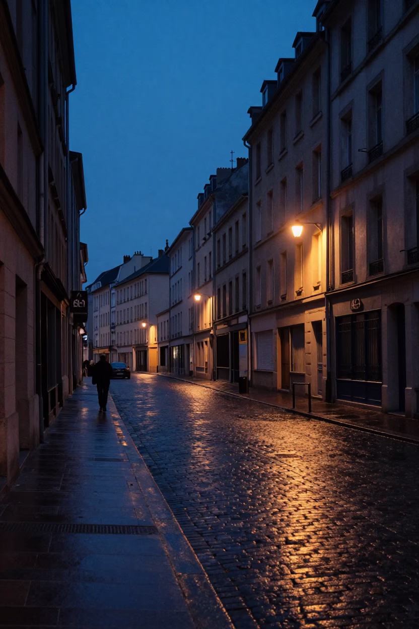 Street Scene in Lyon at The Still Hours Before Dawn Light in in Lyon, France