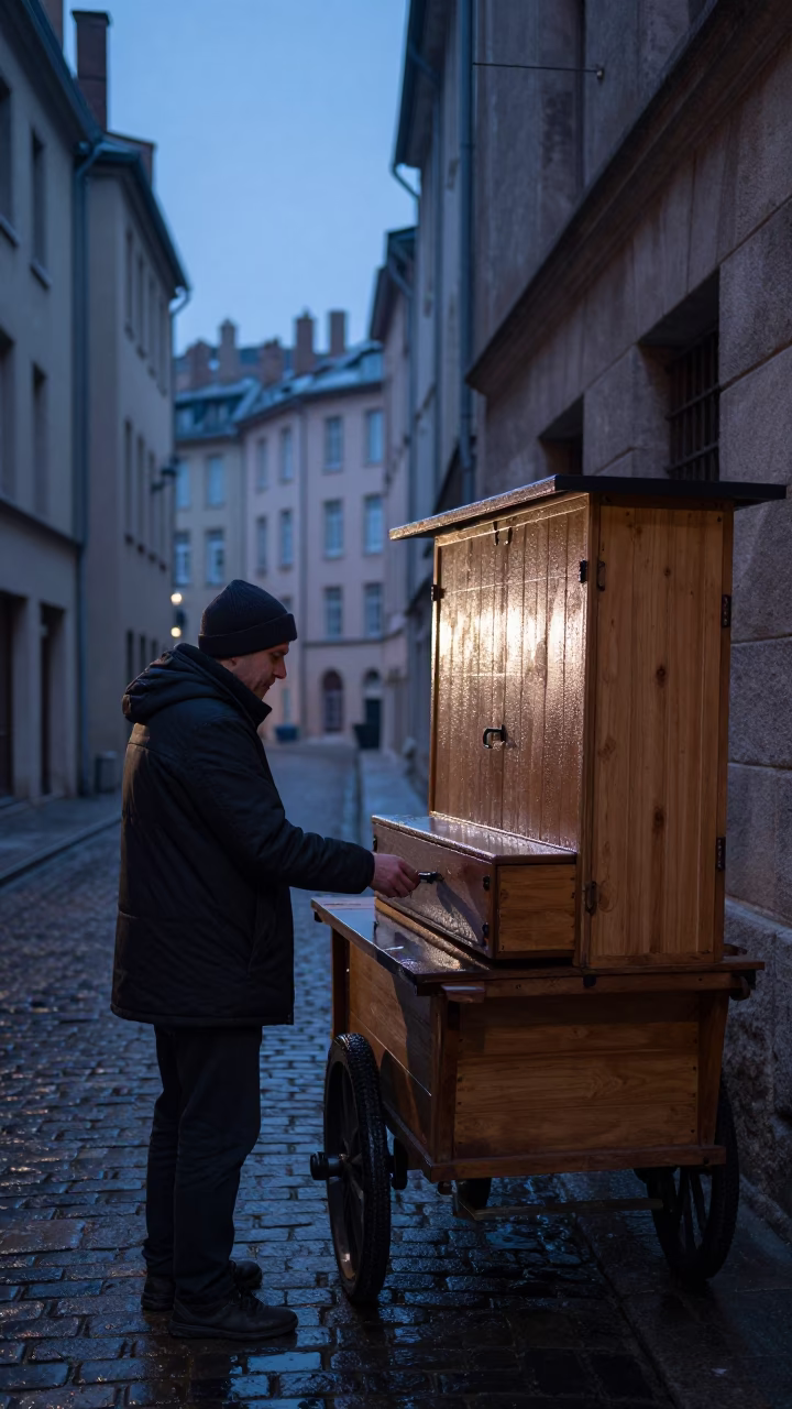 Street Scene in Lyon at The Still Hours Before Dawn Light in in Lyon, France