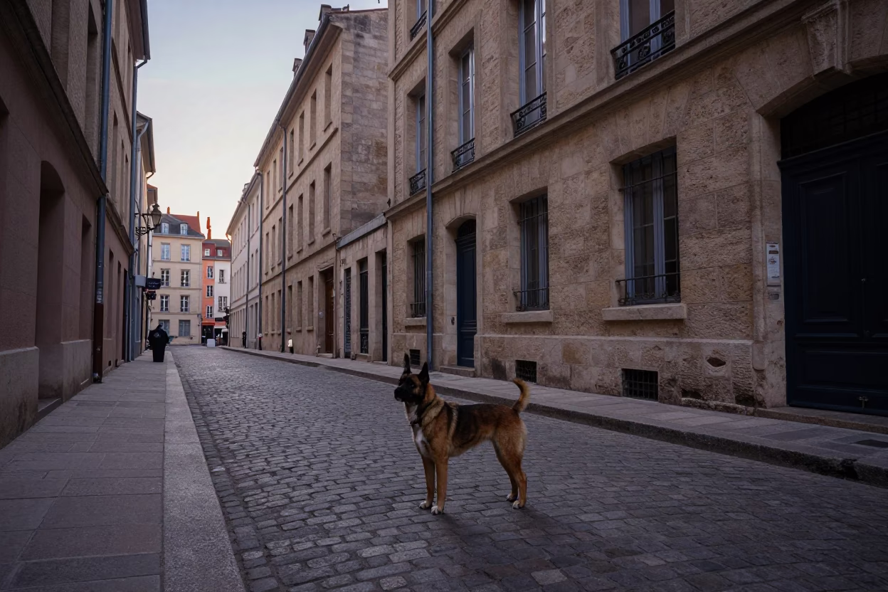 Street Scene in Lyon at The Still Hours Before Dawn Light in in Lyon, France