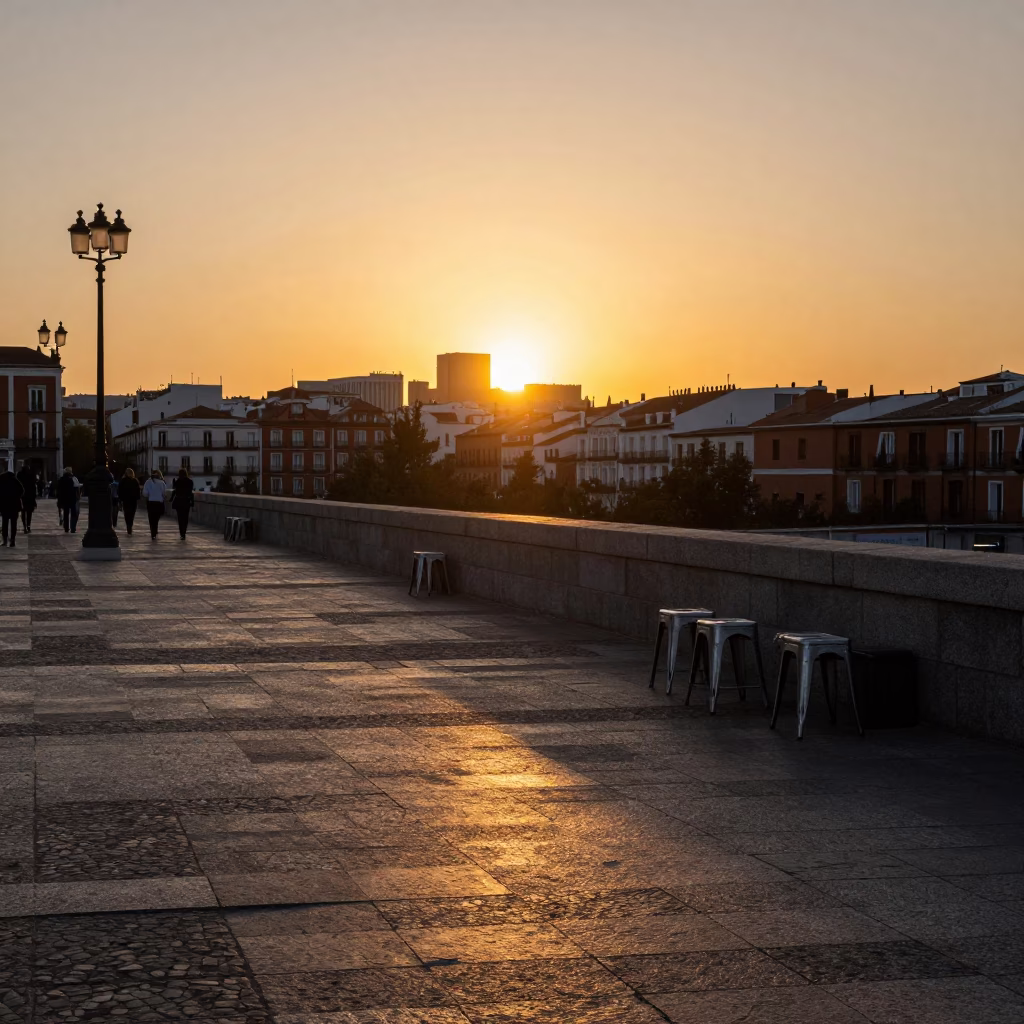 Street Scene in Madrid at As The Sun Drops Toward The Horizon in in Madrid, Spain