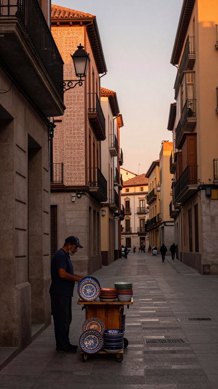 Street Scene in Madrid at Copper-toned Light Before Dusk in in Madrid, Spain