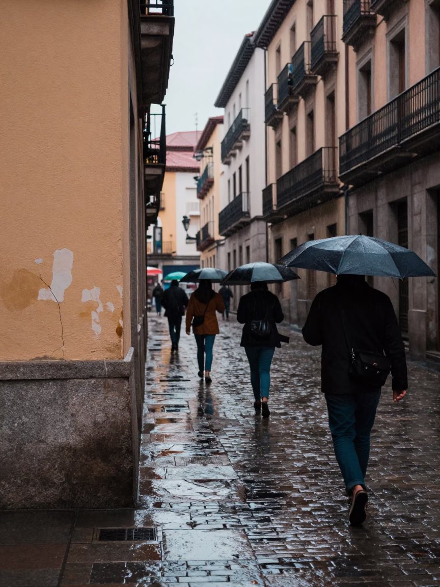 Street Scene in Madrid at Dusk Light in in Madrid, Spain