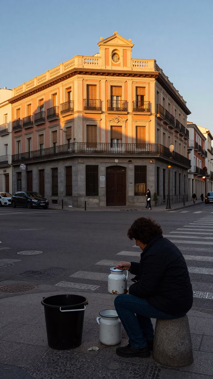 Street Scene in Madrid at Nautical Dawn Light in in Madrid, Spain