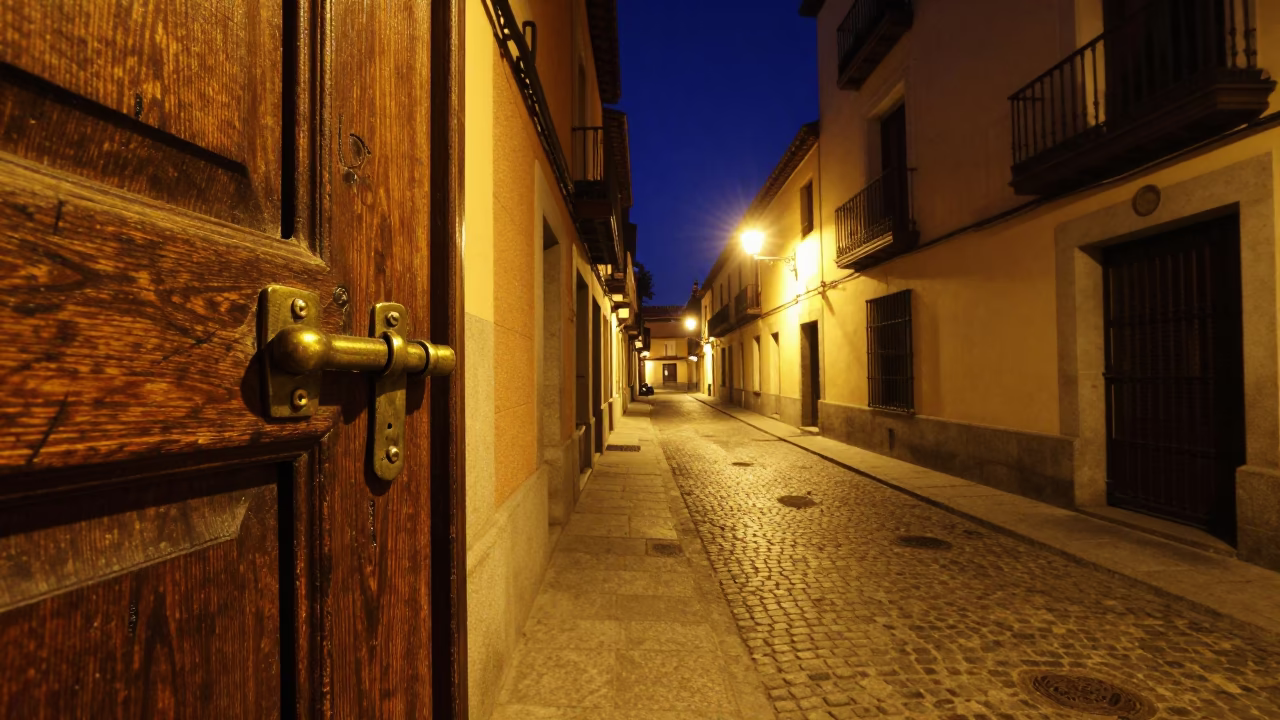 Street Scene in Madrid at The Deepest Night Sky Light in in Madrid, Spain