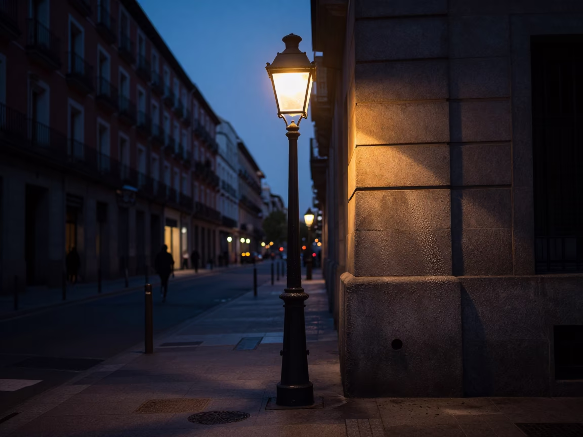 Street Scene in Madrid at The Predawn Darkness Light in in Madrid, Spain
