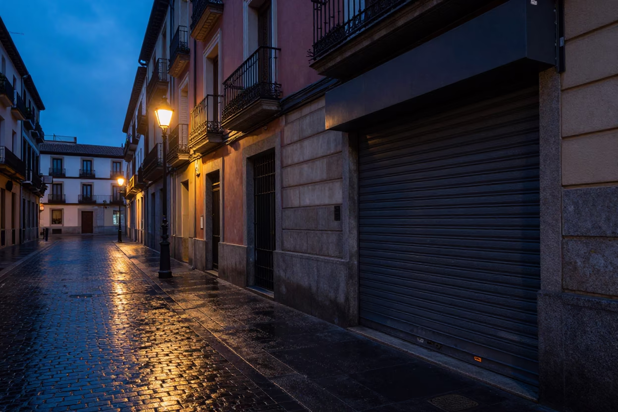 Street Scene in Madrid at The Predawn Darkness Light in in Madrid, Spain