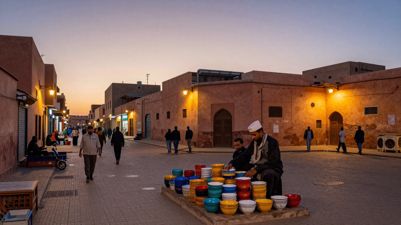 Street Scene in Marrakech at As City Lights Begin To Glow in in Marrakech, Morocco
