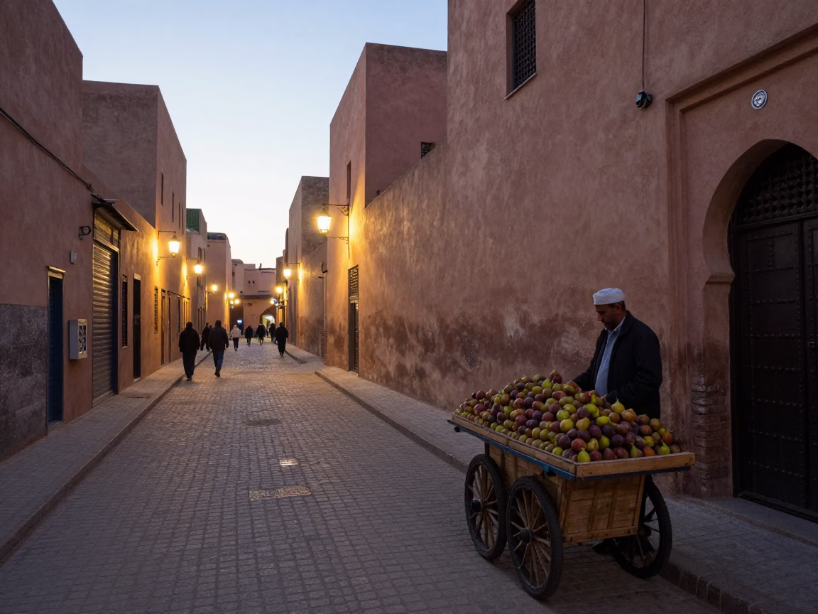 Street Scene in Marrakech at As City Lights Begin To Glow in in Marrakech, Morocco