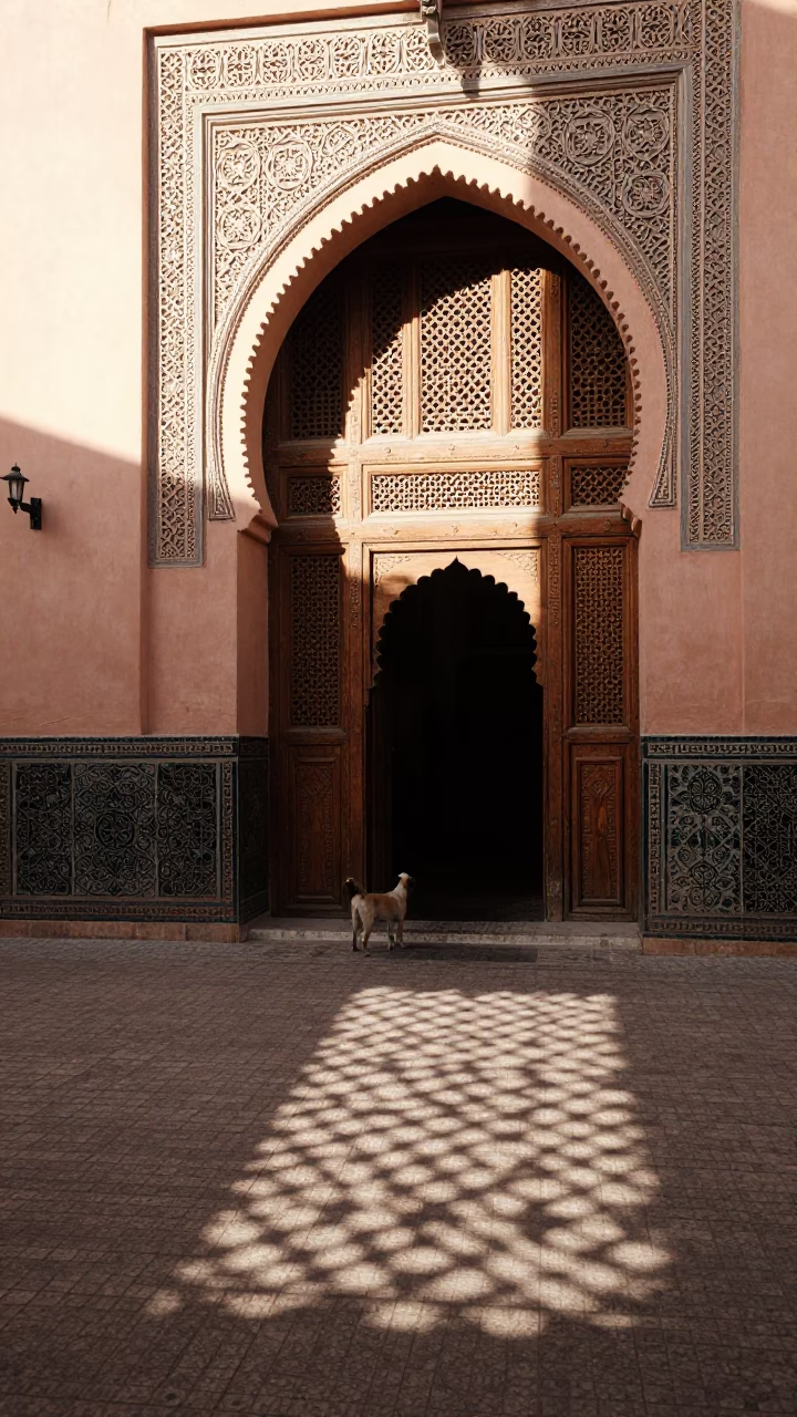 Street Scene in Marrakech at As First Light Reaches The Scene in in Marrakech, Morocco