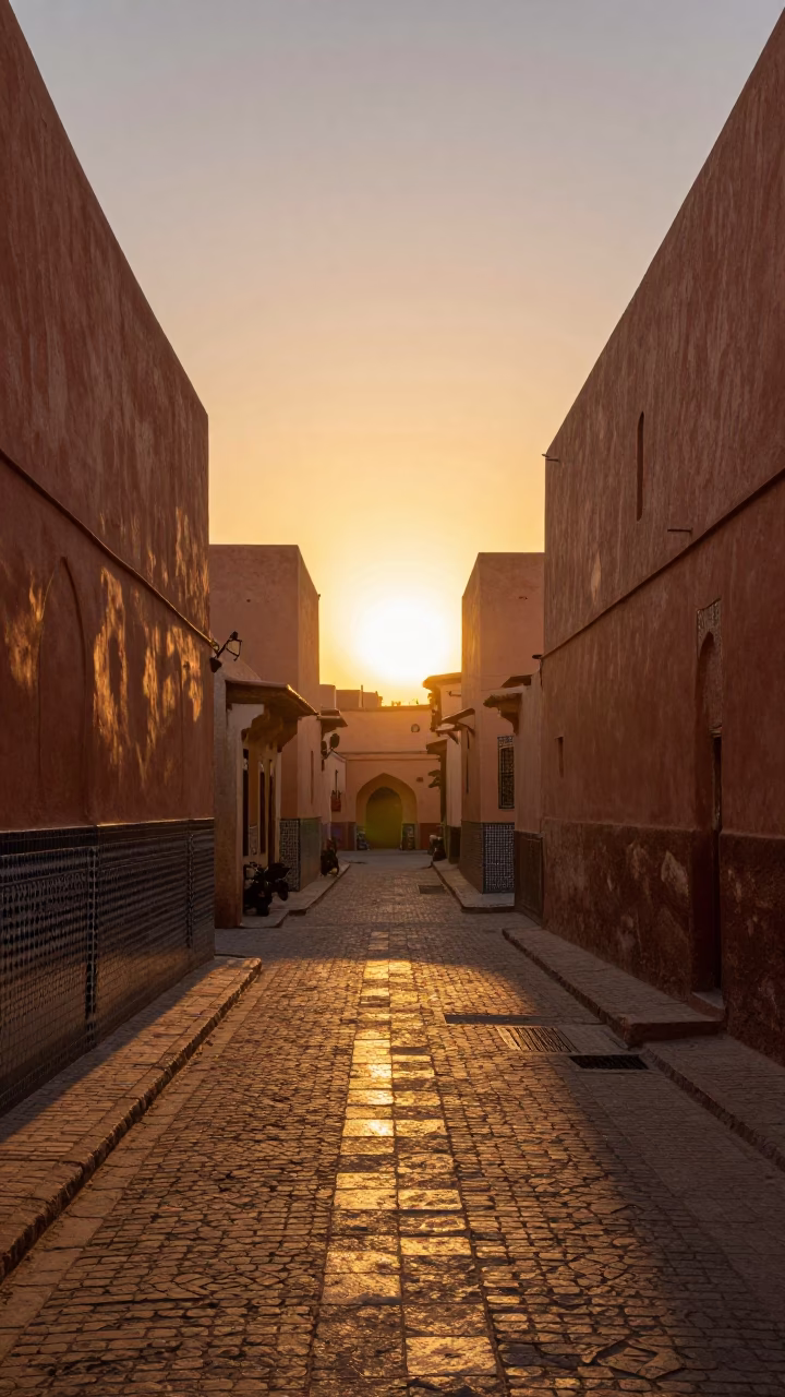 Street Scene in Marrakech at As The Sun Drops Toward The Horizon in in Marrakech, Morocco