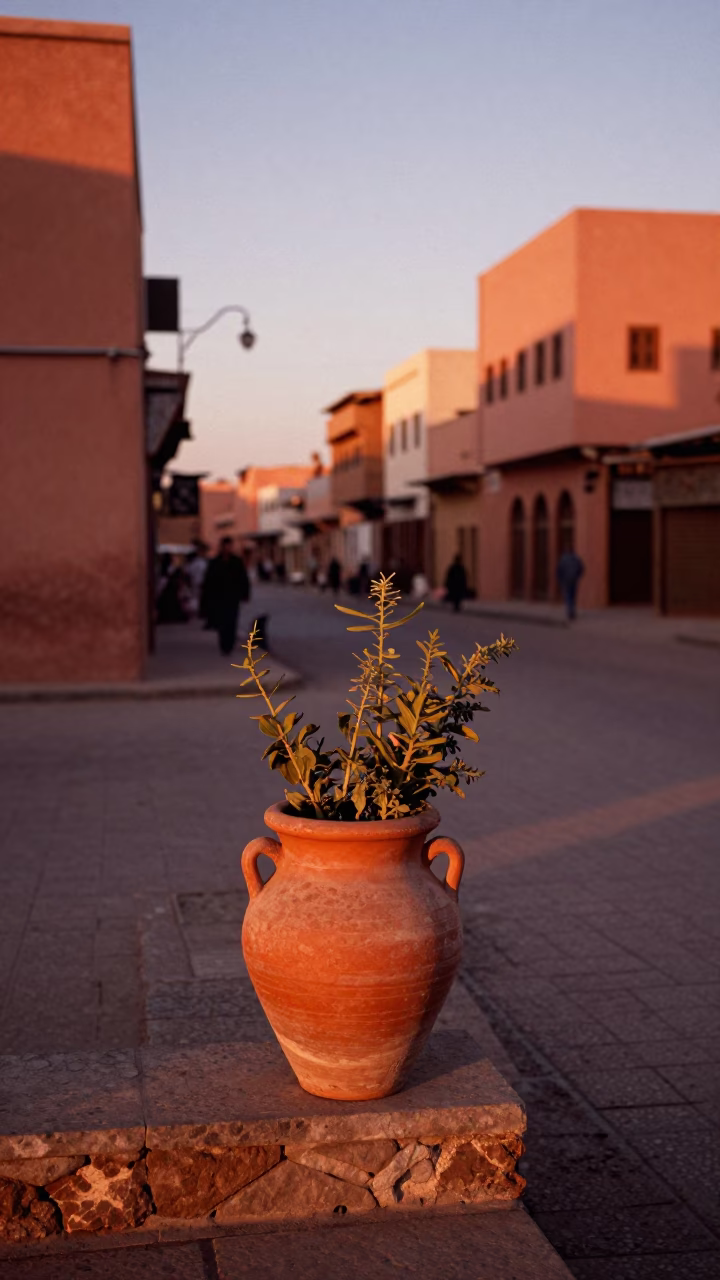 Street Scene in Marrakech at Copper-toned Light Before Dusk in in Marrakech, Morocco