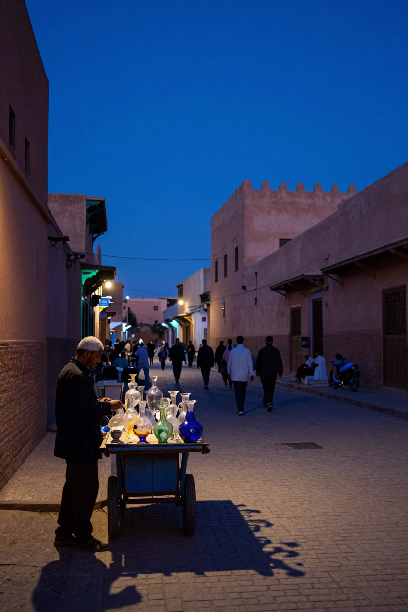 Street Scene in Marrakech at Indigo Twilight After Sunset in in Marrakech, Morocco
