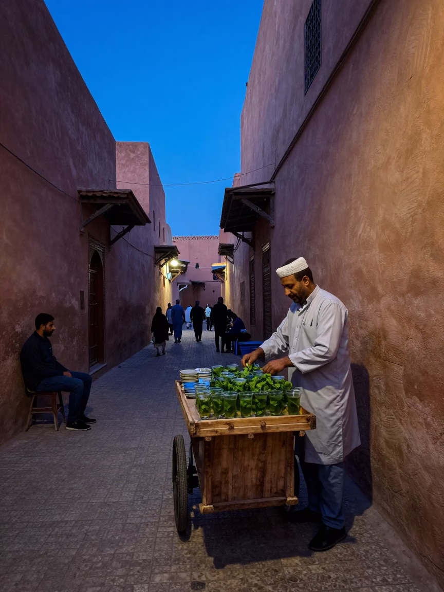Street Scene in Marrakech at Indigo Twilight After Sunset in in Marrakech, Morocco