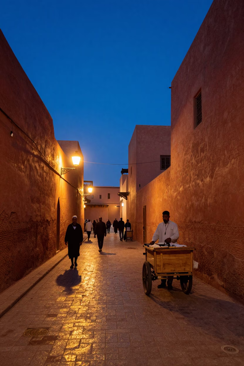 Street Scene in Marrakech at Indigo Twilight After Sunset in in Marrakech, Morocco