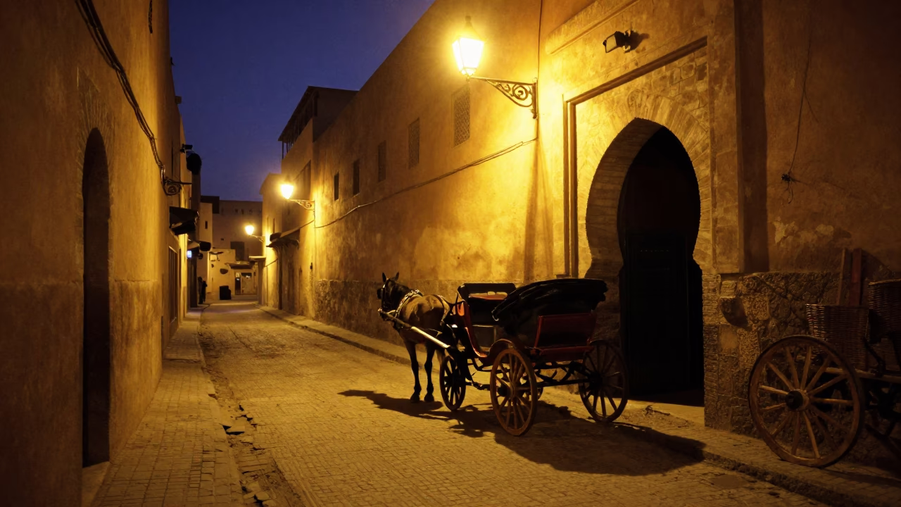 Street Scene in Marrakech at Late At Night Light in in Marrakech, Morocco