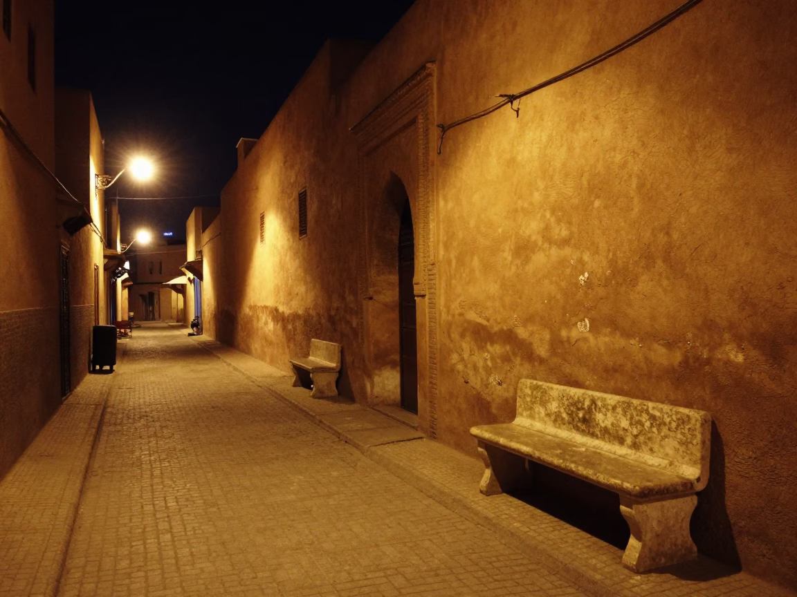 Street Scene in Marrakech at Late At Night Light in in Marrakech, Morocco