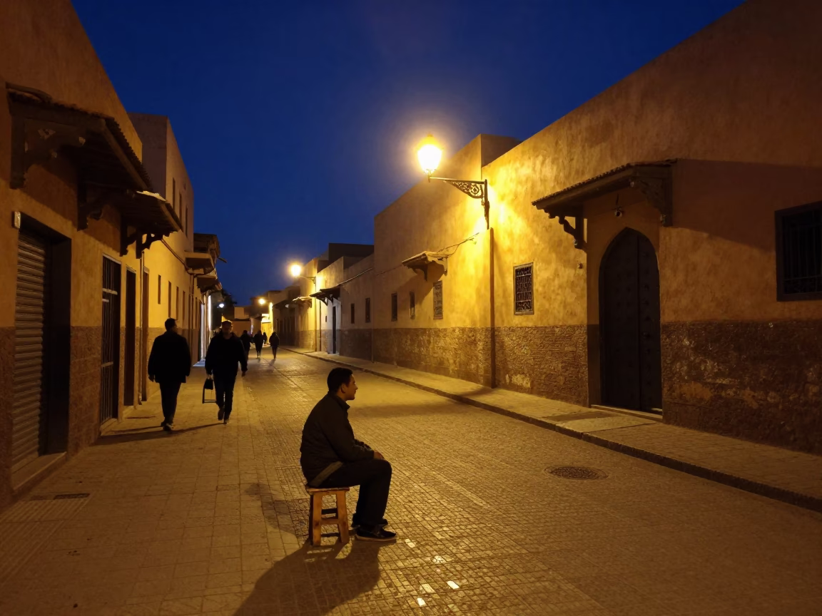 Street Scene in Marrakech at Midnight Light in in Marrakech, Morocco