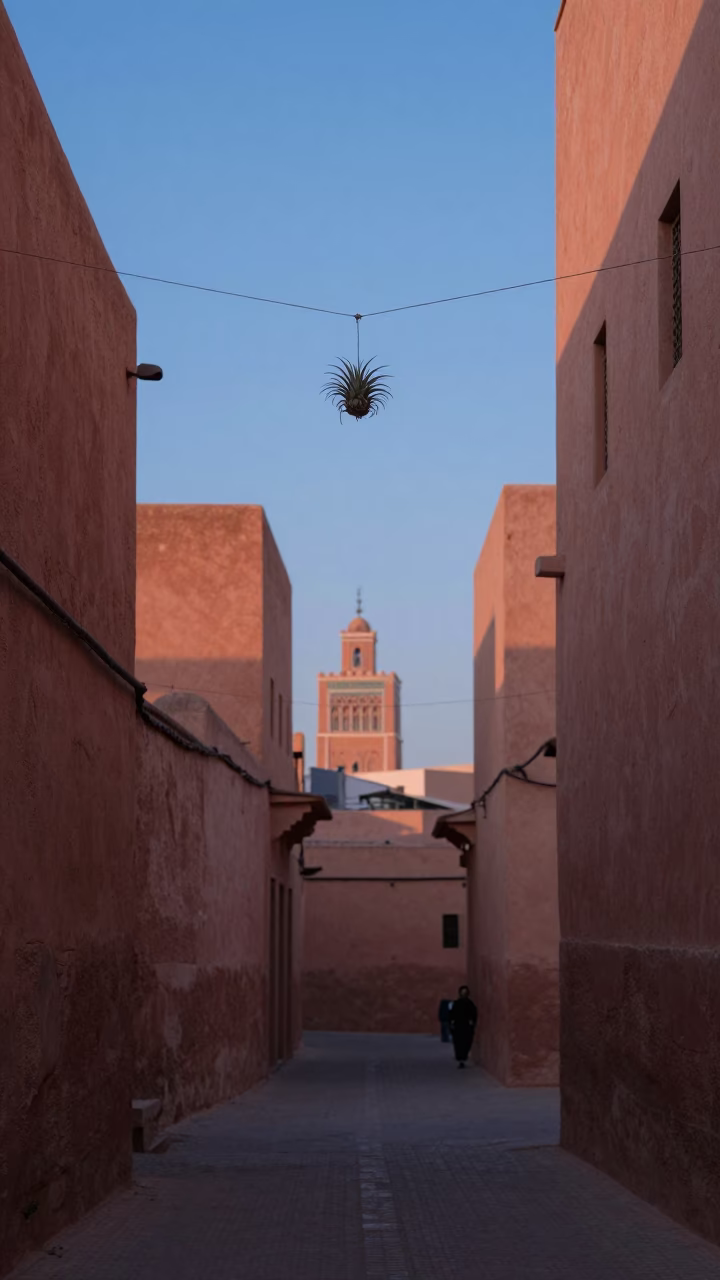 Street Scene in Marrakech at Nautical Dawn Light in in Marrakech, Morocco