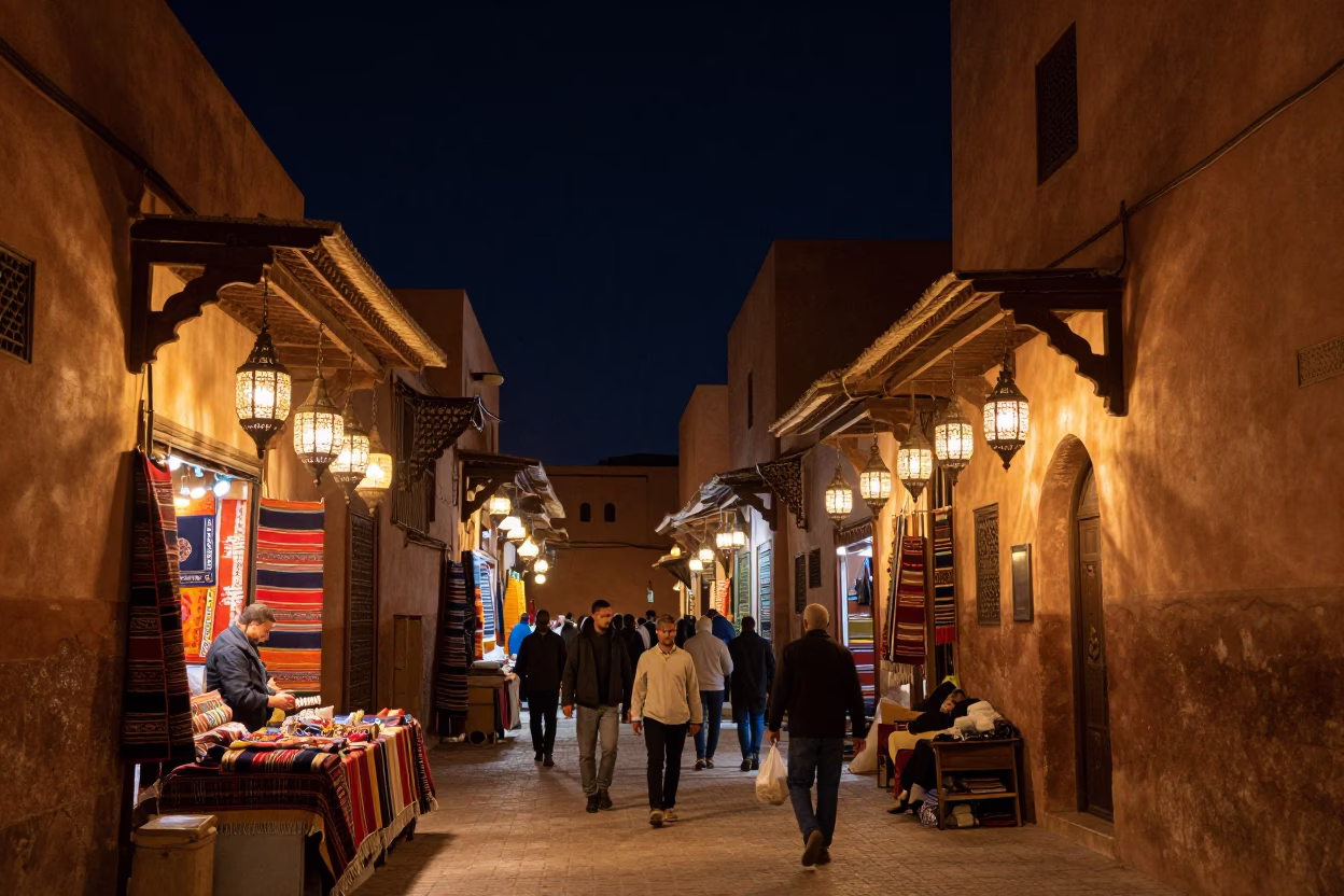 Street Scene in Marrakech at The Deepest Night Sky Light in in Marrakech, Morocco