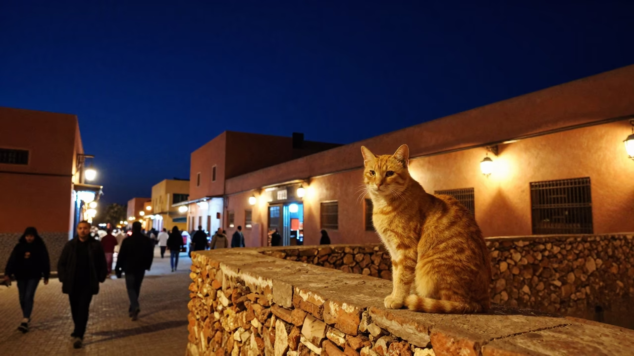 Street Scene in Marrakech at The Deepest Night Sky Light in in Marrakech, Morocco